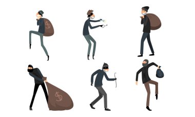 Set of thieves in masks and black suits in different action situations. Vector illustration in flat cartoon style. clipart