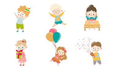 Bir grup çocuk doğum günü partisinde eğleniyor ve kutluyor. Çizgi film tarzında vektör illüstrasyonu.