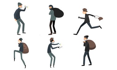 Set of thieves in masks and black suits in different action situations. Vector illustration in flat cartoon style. clipart