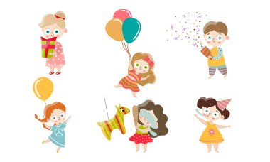 Bir grup çocuk doğum günü partisinde eğleniyor ve kutluyor. Çizgi film tarzında vektör illüstrasyonu.