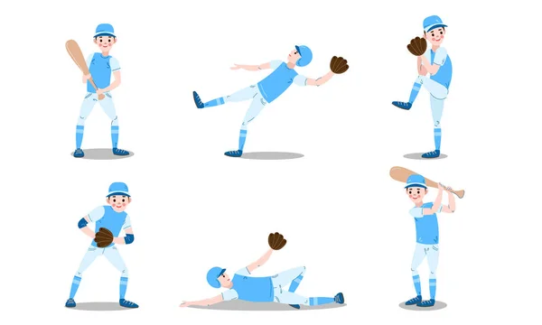 Sada postav baseballového hráče v různých akcích. Vektorová ilustrace v plochém kresleném stylu. — Stockový vektor