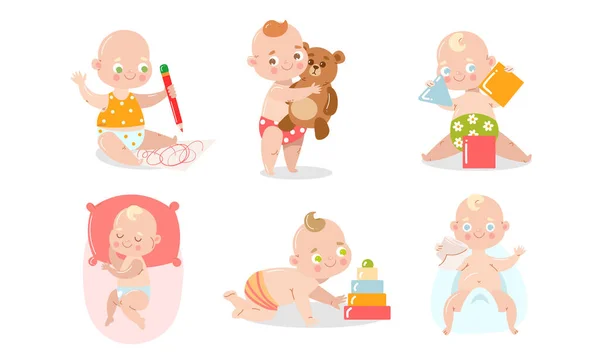 Set eines niedlichen Babys in Unterhosen mit unterschiedlichen Situationen. Vektorillustration im flachen Cartoon-Stil. — Stockvektor