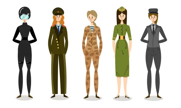 一群身穿战斗服的年轻女兵。平面卡通风格的矢量插图. — 图库矢量图片