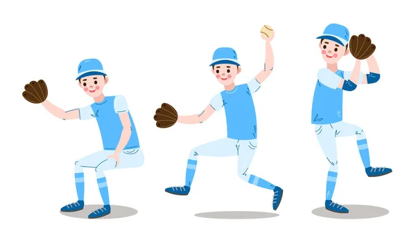 Conjunto de personaje jugador de béisbol en diferentes poses. Ilustración vectorial en estilo plano de dibujos animados . — Archivo Imágenes Vectoriales