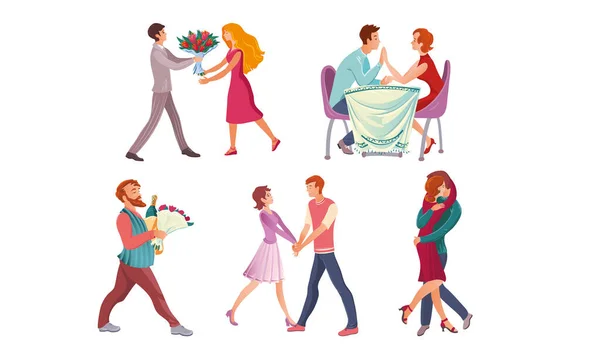 Ensemble de couples sur des dates romantiques dans différentes situations. Illustration vectorielle en style dessin animé plat . — Image vectorielle