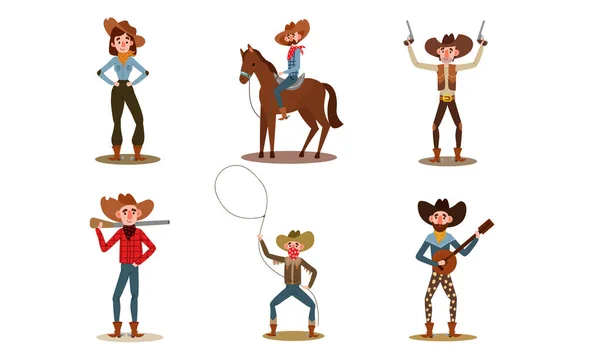 Conjunto de cowboys e cowgirls em poses diferentes. Ilustração vetorial em estilo de desenho animado plano . — Vetor de Stock