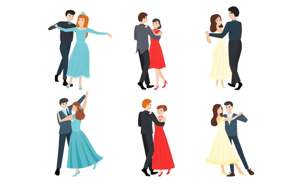 Set of young elegant male and female pairs of dancers. Vector illustration in flat cartoon style. — Stock Vector