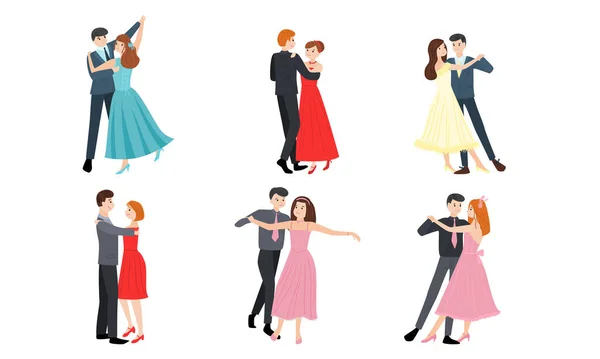 Set of young elegant male and female pairs of dancers. Vector illustration in flat cartoon style. — Stock Vector