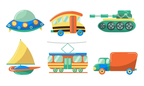 Conjunto de juguetes de transporte lindo para niños. Ilustración vectorial en estilo plano de dibujos animados . — Archivo Imágenes Vectoriales