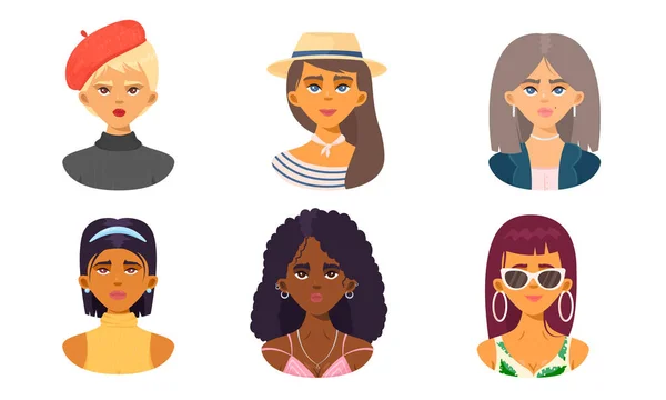 Aranyos lányok különböző nemzetiségű arcai. Vektor illusztráció lapos rajzfilm stílusban. — Stock Vector