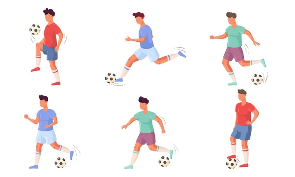Set van voetbal of voetbal speler personages in verschillende acties. Vector illustratie in platte cartoon stijl. — Stockvector