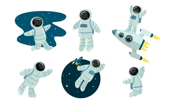 Conjunto de astronautas a descobrirem o espaço. Ilustração vetorial em estilo de desenho animado plano . —  Vetores de Stock