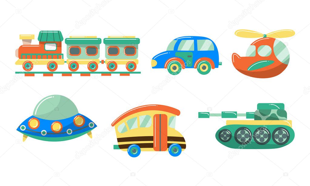 Set of cute transportation toys for children. Vector illustration in flat cartoon style.