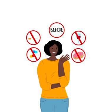 Kan bağışlamadan önce yasaklanmış yiyecek işaretlerini gösteren bir kız. Çizgi film tarzında vektör illüstrasyonu.