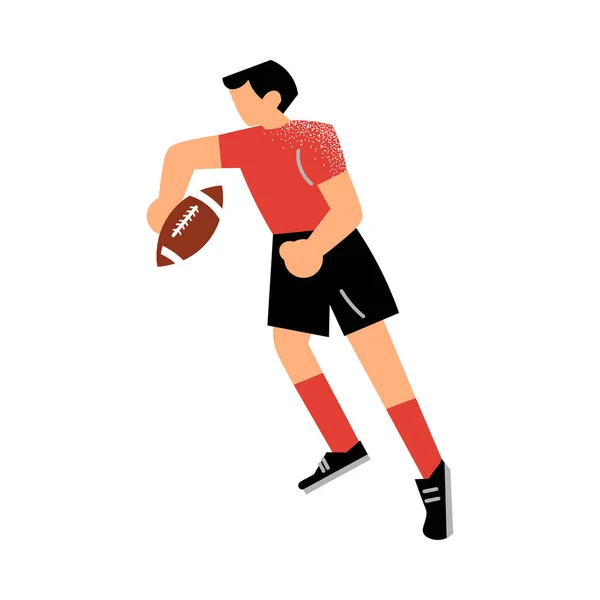 Jogador de rugby em camiseta vermelha correndo com a bola. Ilustração vetorial em estilo de desenho animado plano . — Vetor de Stock