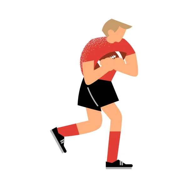 Rugby speler in een rood t-shirt loopt en verdedigt de bal. Vector illustratie in platte cartoon stijl. — Stockvector