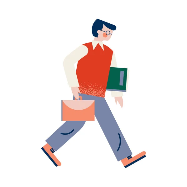 戴眼镜的老师手拿着一个箱子走在路上，怀里夹着一本书。 — 图库矢量图片