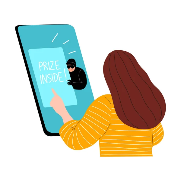 Hacker por phishing spam informações falsas vencedoras atrai a atenção de uma menina. Ilustração vetorial — Vetor de Stock