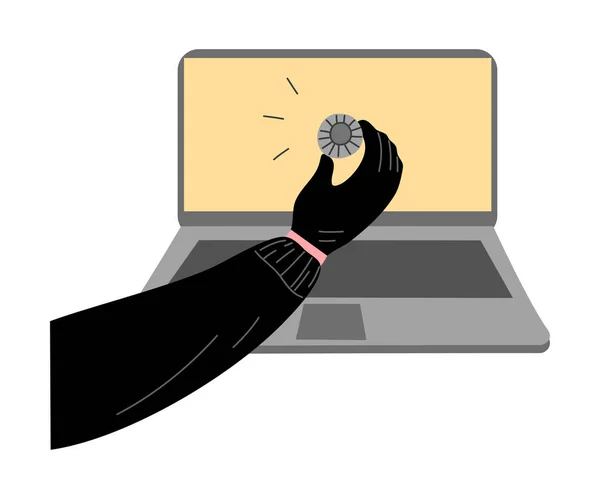 Los piratas informáticos ladrones mano robando información del usuario de la computadora portátil. Ilustración vectorial en estilo plano de dibujos animados . — Archivo Imágenes Vectoriales