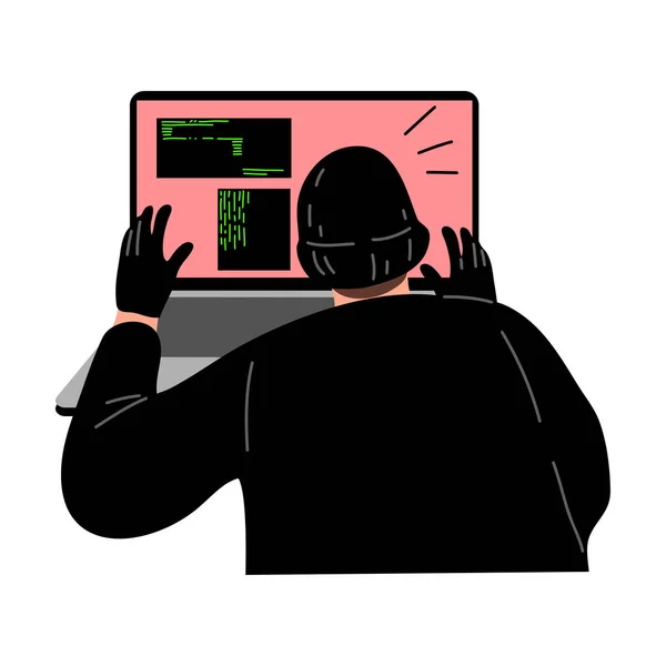 Cyber hacker tolvaj titkos felhasználói információkat lop a laptopról. Vektor illusztráció lapos rajzfilm stílusban. — Stock Vector