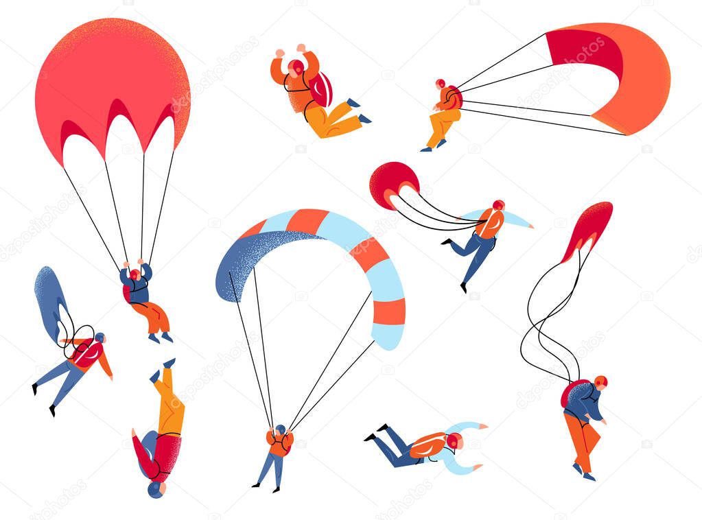 Set of different skydivers characters flying with parachutes. Vector illustration in flat cartoon style.