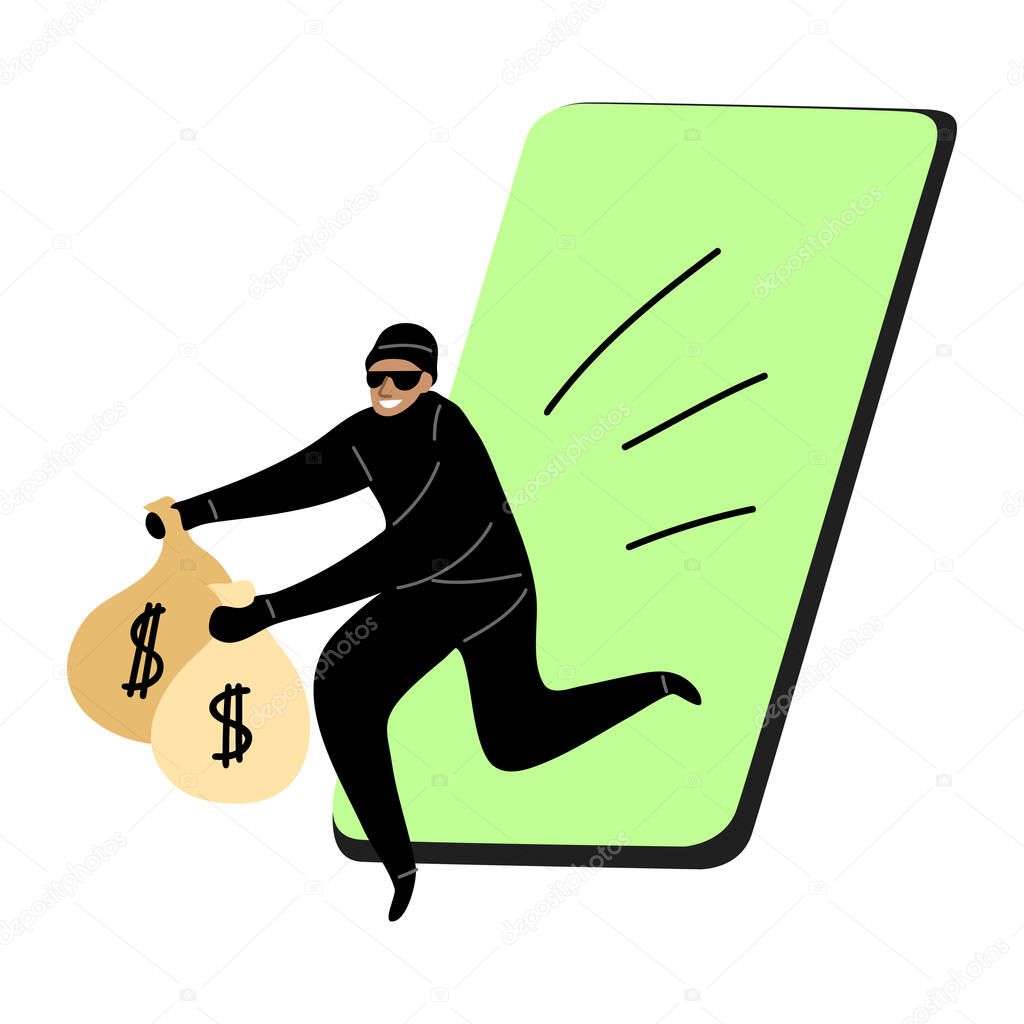 Cyber hackers thief stealing money from a smartphone wallet. Vector illustration in flat cartoon style.