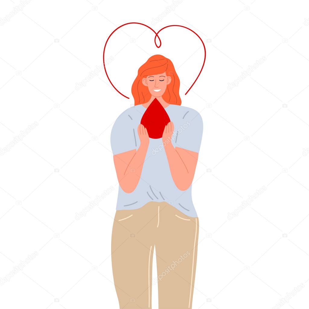 Volunteer woman in the white shirt with the drop of blood donation symbol in hands with heart sign behind. Vector illustration in flat cartoon style.