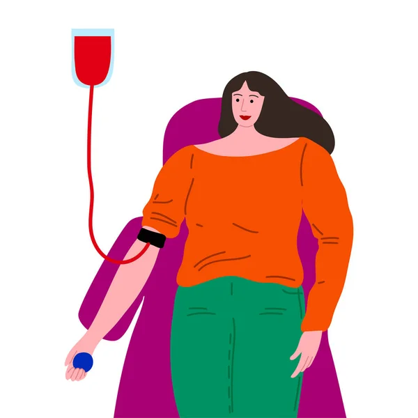 Kan donörü ve kan nakli yapan kadın karakter bağış çantasıyla yatıyor. Çizgi film tarzında vektör illüstrasyonu. — Stok Vektör