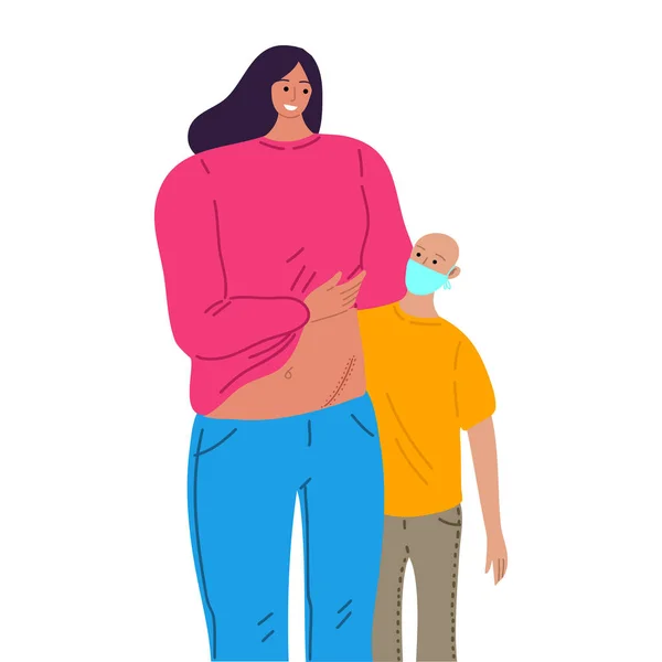 La donatrice adulta mostra la sua cicatrice al bambino. Illustrazione vettoriale in stile fumetto piatto concetto . — Vettoriale Stock