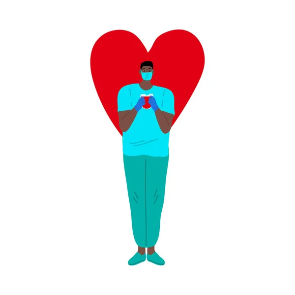 El enfermero de la máscara azul con el concepto de bolsa de donación de sangre. Una gran señal de corazón rojo detrás. Ilustración vectorial en estilo plano de dibujos animados . — Archivo Imágenes Vectoriales