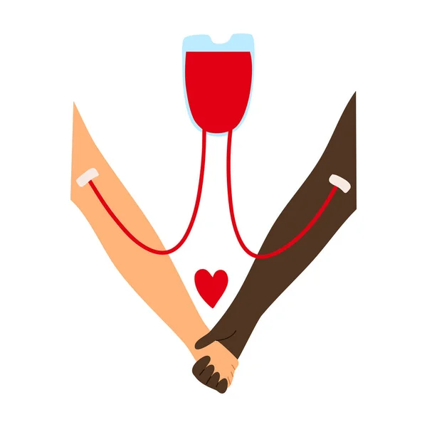 Transfusión de sangre de la mano de los donantes a la mano del receptor con un signo rojo del corazón. Ilustración vectorial en estilo plano de dibujos animados . — Vector de stock