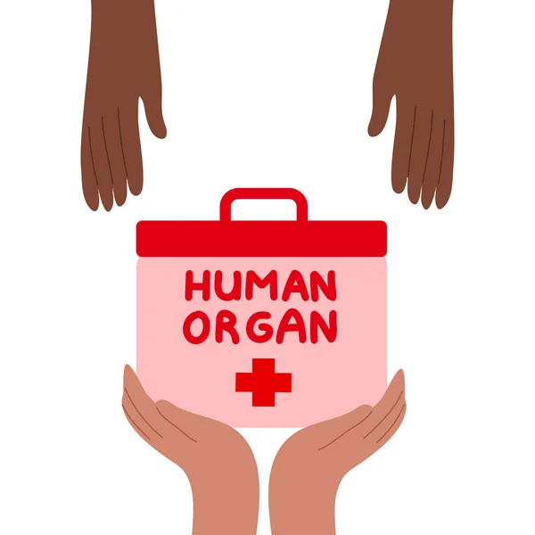Символ пожертвования с руками донора-реципиента и коробкой охладителя органов человека. Векторная иллюстрация в плоском стиле мультфильма . — стоковый вектор
