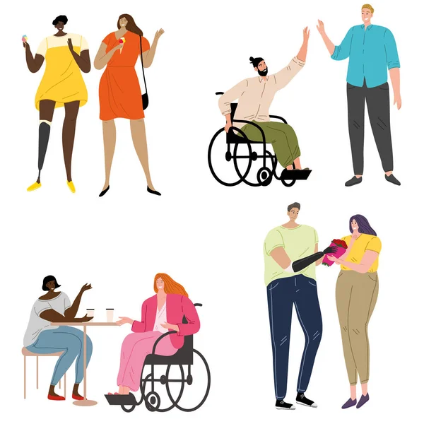 장애 인들 이 의족 과 휠체어를 가지고 있습니다. 평면 만화에 나오는 벡터 삽화 — 스톡 벡터