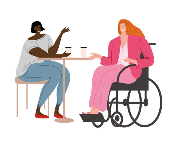분홍색 옷을 입고 휠체어에 앉아 친구와 함께 웃고 있는 장애인 소녀는 행복해 한다. 평면 만화에 나오는 벡터 삽화. — 스톡 벡터