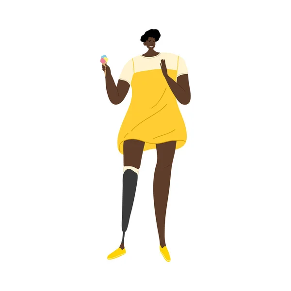 Gadis berpakaian kuning dengan kaki palsu makan es krim. Ilustrasi vektor dalam gaya kartun datar . - Stok Vektor