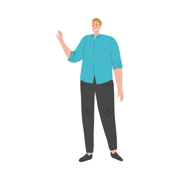 Šťastný usměvavý muž v modrém tričku stojí a gestikuluje rukou. Vektorová ilustrace v plochém kresleném stylu. — Stockový vektor