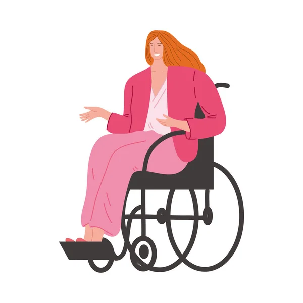 분홍색 옷을 입고 휠체어에 앉아 웃고 있는 장애인 소녀가 행복하게 웃고 있습니다. 평면 만화에 나오는 벡터 삽화. — 스톡 벡터
