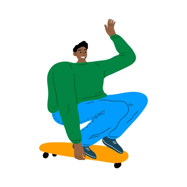 スケートボードでバランスのとれた青いパンツの幸せな笑顔の男。平面漫画風のベクトルイラスト — ストックベクタ