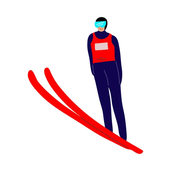 Esportista de saltos de esqui sorridente no ar. Ilustração vetorial no estilo dos desenhos animados planos — Vetor de Stock