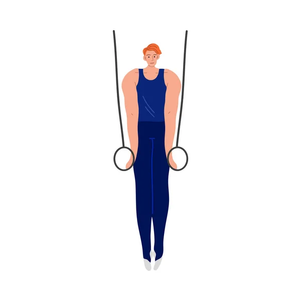 El atleta con un uniforme azul hace un ejercicio difícil en los anillos de gimnasia en el gimnasio. Ilustración vectorial en el estilo plano de dibujos animados . — Vector de stock