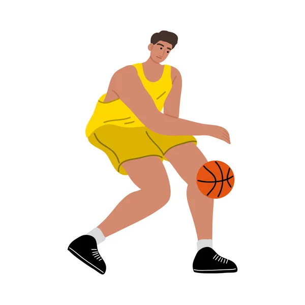 Man basketspelare i en gul t-shirt dribblar bollen för hand. Vektor illustration i platt tecknad stil — Stock vektor