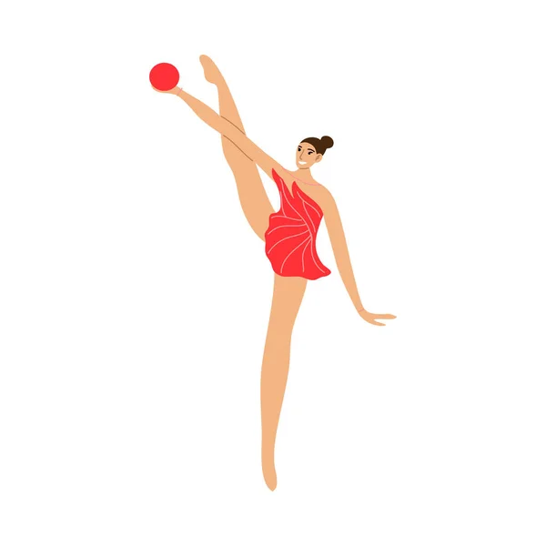 Gadis senam ritmik lucu bergaun merah dengan bola. Ilustrasi vektor dalam gaya kartun datar - Stok Vektor