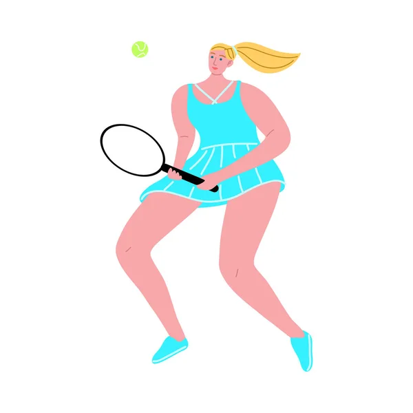 Blond-hårig tjej som spelar tennis i blå kjol. Vektor illustration i platt tecknad stil. — Stock vektor