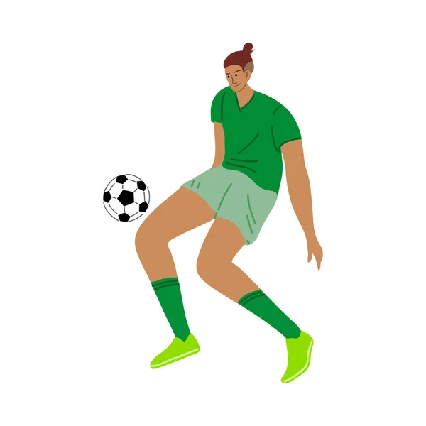 Jugador de fútbol masculino con la camiseta verde pateando la pelota. Ilustración vectorial en estilo plano de dibujos animados . — Vector de stock