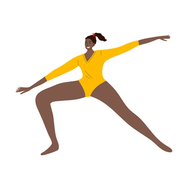 Roztomilý afroamerický rytmický gymnastka holka ve žlutém trikotu ukazuje výkon. Vektorová ilustrace v plochém kresleném stylu — Stockový vektor
