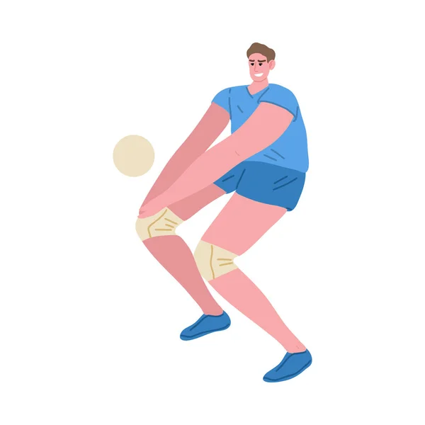 Jugador de voleibol masculino con una camiseta azul golpeando la pelota. Ilustración vectorial en el estilo plano de dibujos animados — Vector de stock