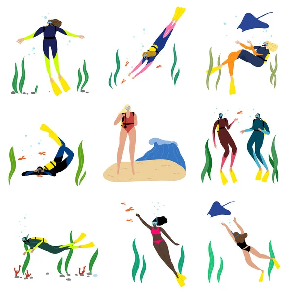 ダイビングスーツの水中ダイバーの男性と女性の文字のセットは魚と一緒に泳ぐ。平面漫画風のベクトルイラスト — ストックベクタ