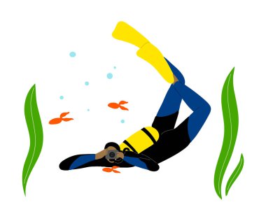 Skuba dalgıcı suyun altında yüzüyor ve açık denizde ya da okyanusta balıkların fotoğraflarını çekiyor. Düz çizgi film tarzında vektör illüstrasyonu.