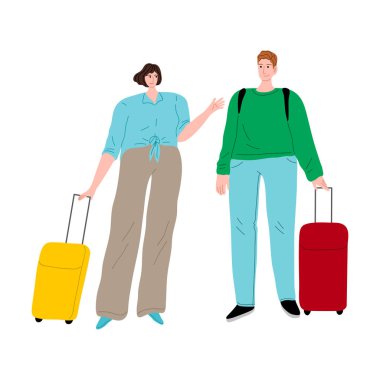 Seyahat arabası valizleriyle ayakta duran turist ve kadın. Çizgi film tarzında vektör illüstrasyonu