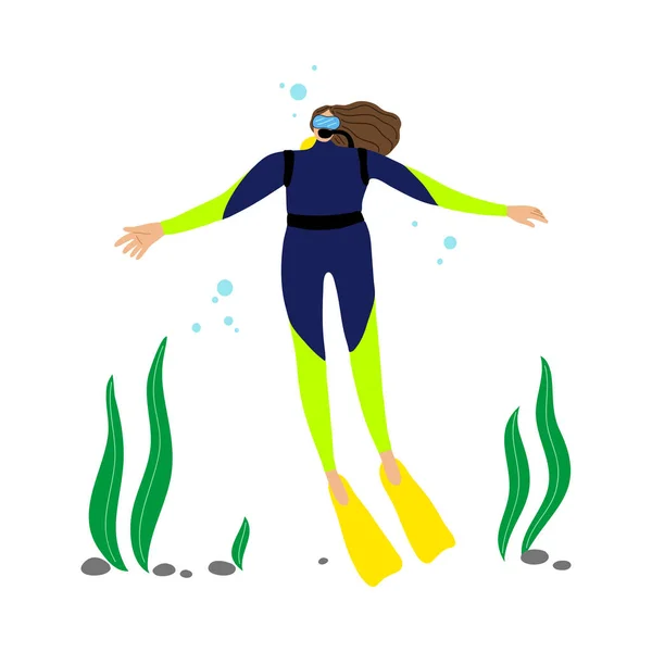 スキューバダイバーの女の子が水中で泳いだり、深海や海でダイビングします。平面漫画風のベクトルイラスト. — ストックベクタ